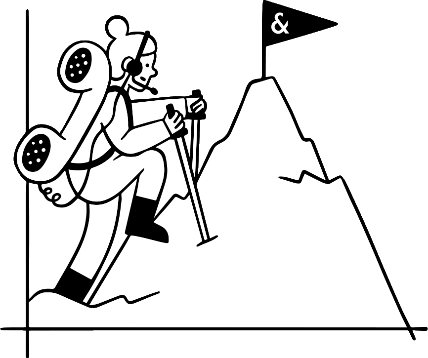 Helpdeskmedewerker klimt met telefoon en headset op een berg op.