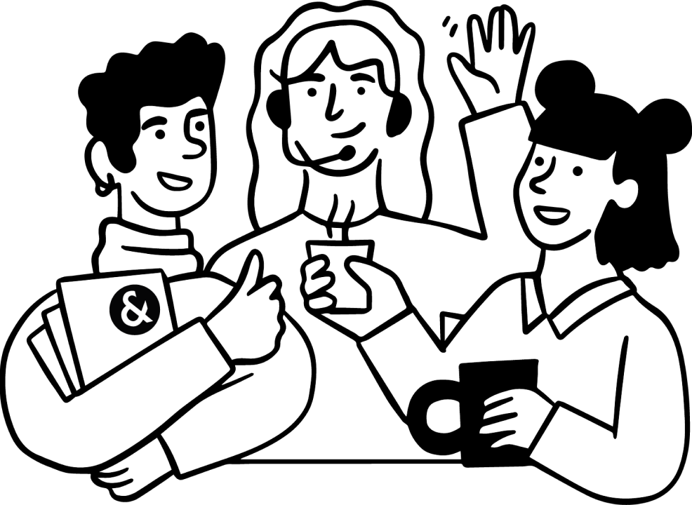 Support-team zwaait en drinkt koffie